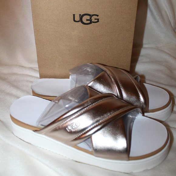 NIB UGG WOMEN'S ZAYNE LEATHER WEDGE‎ ROSE GOLD SANDALS - Picture 1 of 6